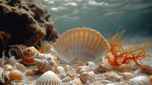 Fototapeta Naklejka Na Ścianę i Meble -  Seabed with shells, bottom colors. Generative AI.