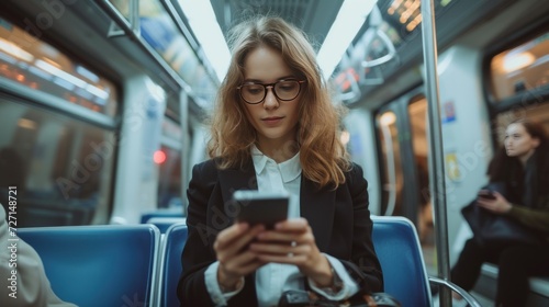 Young businesswoman looking at smartphone while riding the subway