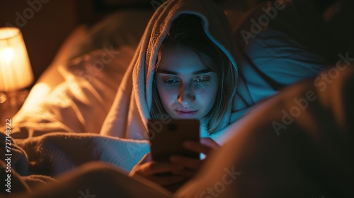 woman hiding under blanket Talking and surfing the internet with a smartphone late at night in bed.