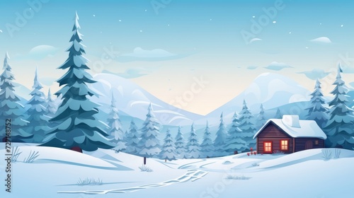 Winter landscape with house, trees and mountains in snow