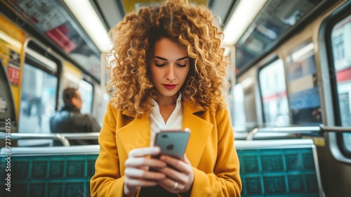 Young businesswoman looking at smartphone while riding the subway