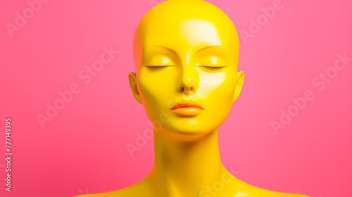 Close-up of the yellow head of a female mannequin with closed eyes on a pink background. Minimalistic style, Copy space.