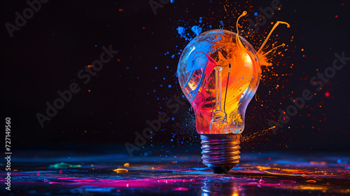 A lightbulb with an explosion of colorful paint, electric sparks and vibrant splashes emanating from within, a stark contrast against a dark background, the moment of creative inspiration captured