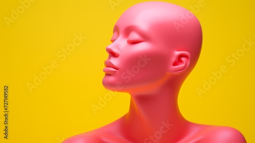 Close-up of a pink female mannequin on a yellow background. Minimalistic style.