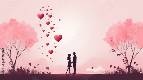 Silhouette of a couple holding each other's hand in romantic park. Love and Valentine's day background.