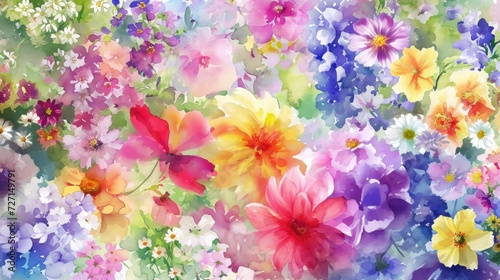 abstract colorful background, A happy, sunny watercolour background of various densely packed European summer blossoms.