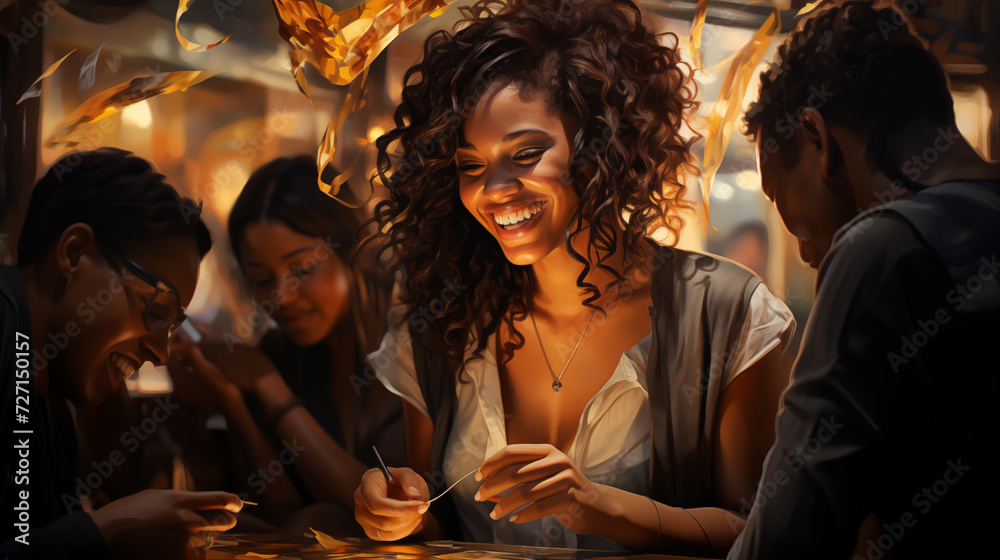 modern painting of Afro-american woman with friends on a night out in a bar or restaurant - obrazy, fototapety, plakaty 