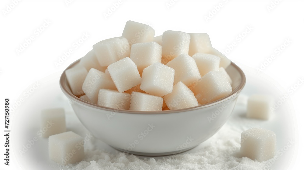 White sugar cubes in bowl isolated on white background. Generative AI. White sugar cubes in bowl isolated on white background. Generative AI.
