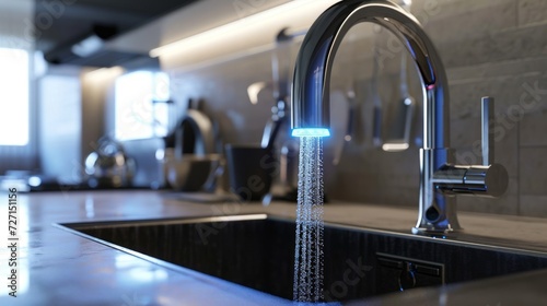 High-tech motion-sensor kitchen faucet  smart features  water display  sleek and futuristic design  photorealistic depiction Generative AI