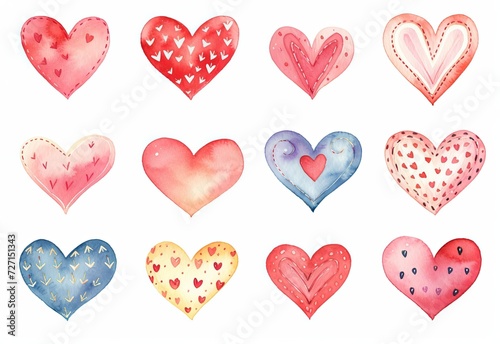 cute grungy watercolor texture small heart valentine sticker design set isolated white background with flower floral pattern  Ai Generated