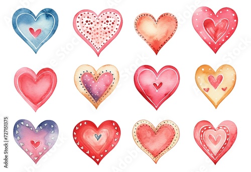 cute grungy watercolor texture small heart valentine sticker design set isolated white background with flower floral pattern  Ai Generated