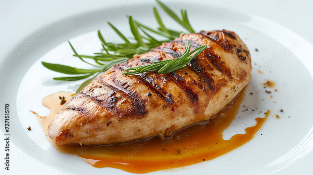 Grilled chicken breast, expertly cooked to perfection, presented on a pristine white plate