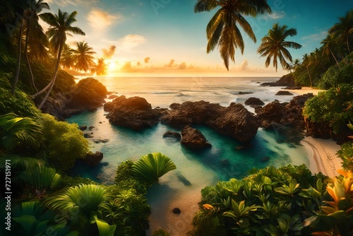 A tropical oasis at the beach with flourishing greenery  kissed by the golden sunlight  the high-definition camera capturing the beauty in stunning