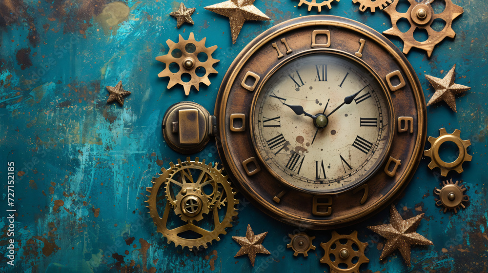 A Clock Surrounded by Gears and Stars on a Blue Sky