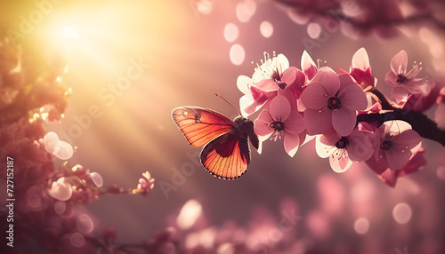 Spring background art with pink blossom and fly butterfly. Beautiful nature scene with blooming tree and sun flare. Generative AI. © mfz