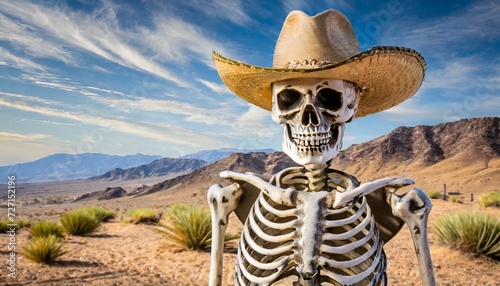 skeleton cowboy with hat and desert background photo