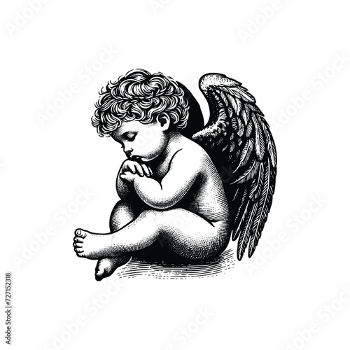 hand drawn baby angel vector illustration. black and white cupid angel isolated white background