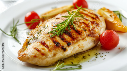 Grilled chicken breast, expertly cooked to perfection, presented on a pristine white plate