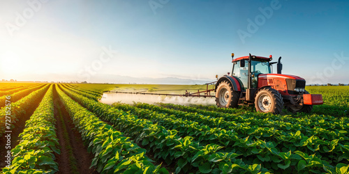 Tractor spraying pesticides in soybean field during springtime  