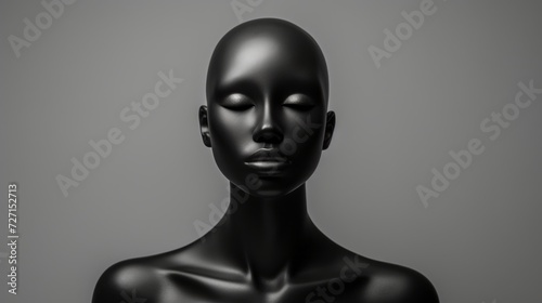 Close-up of a black female mannequin on a gray background with a copy space.