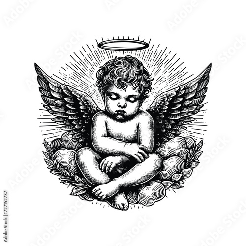 hand drawn baby angel vector illustration. black and white cupid angel isolated white background