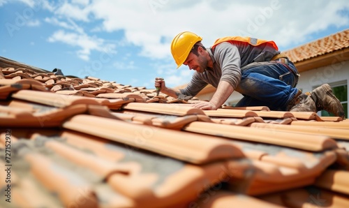 Worker with safety yellow helmet working on tiles installation photo