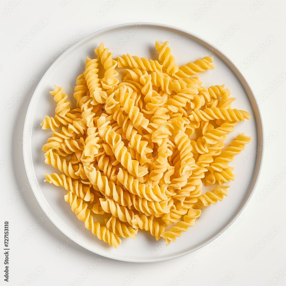 Spiral pasta arranged artfully in a plate, capturing the intricate patterns on a bright white background Spiral pasta arranged artfully in a plate, capturing the intricate patterns on a bright white background
