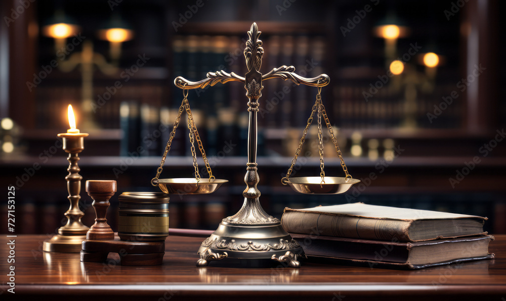 Symbol of law and justice, legal code, and balance scales on a wooden desk in a courtroom with warm, glowing light in the background creating an atmosphere of integrity and judgment