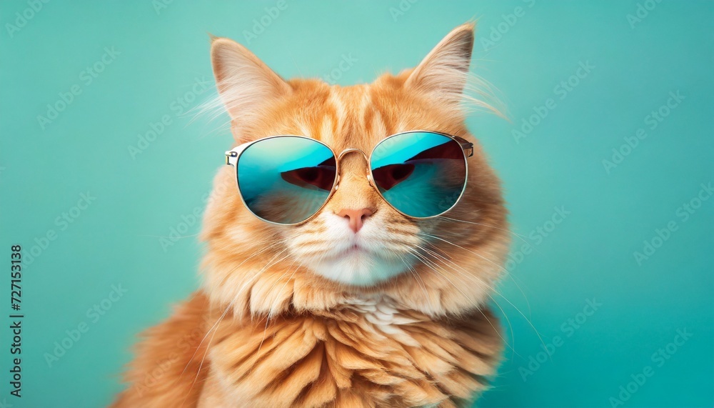 closeup portrait of funny ginger cat wearing sunglasses on light cyan copyspace