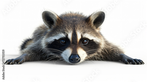 A stunning 3D rendering of a mischievous raccoon, captured in super detail and standing out against a clean white background. This playful masterpiece will make a captivating addition to any