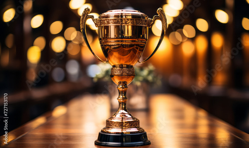 Elegant Golden Trophy Cup on Wooden Table with Blurred Background, Symbolizing Achievement, Success, and Championship Victory