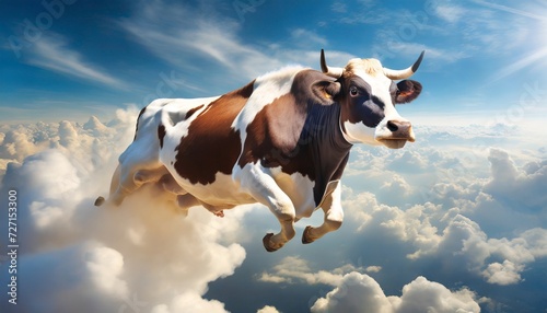 a super cow flying over clouds