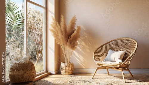 empty beige wall mockup in boho room interior with wicker armchair and vase natural daylight from a window promotion background
