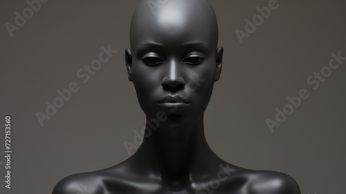 Close-up of a black realistic female mannequin on a gray background with a copy space.