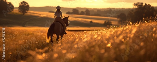 woman quick riding horse in evening landscape © Filip