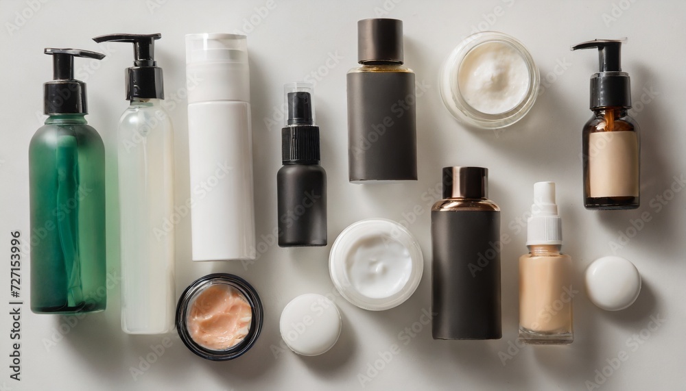top view of different cosmetic bottles and container on white background