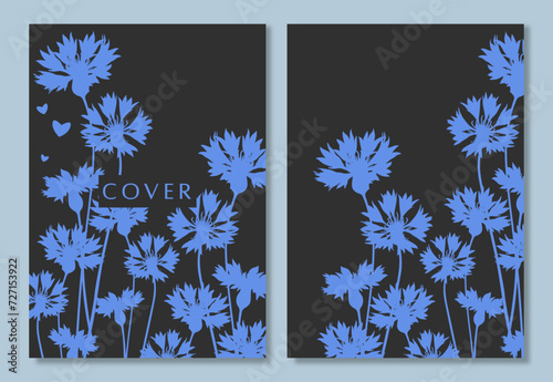 Background with silhouettes of cornflowers in vector, flat style. Cover with silhouettes of spring flowers.
