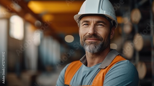 Smiling mature confident professional architect in a helmet standing at a building site. Generative AI. © visoot