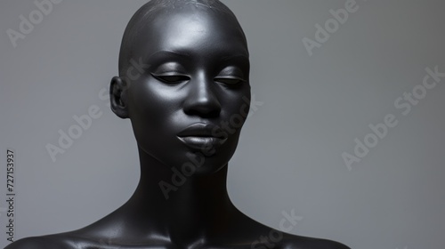 Close-up of a black female mannequin on a gray background with a copy space.