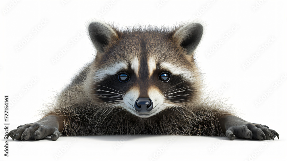 A stunning 3D rendering of a sly and mischievous raccoon, portrayed in remarkable detail. Set against a pristine white background, this artwork showcases the raccoon's playful and cunning na