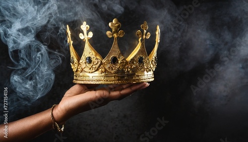 mysteriousand magical image of woman s hand holding a gold crown over gothic black background medieval period concept photo