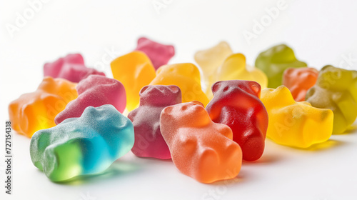 Close-up image of colorful bear-shaped gummy candies against a clean white backdrop