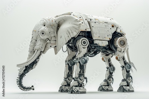 Photo concept of a robotically augmented elephant, featuring mechanical legs and cybernetic enhancements, set against a clean white background Generative AI © vadosloginov