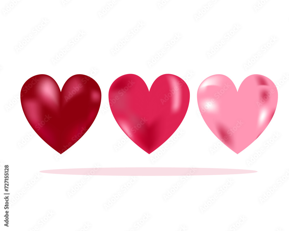 Set of realistic pink, red 3d hearts isolated on white background.