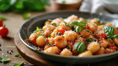 Traditional Italian food potato gnocchi with tomato sauce  parmesan cheese and fresh basil on dark table