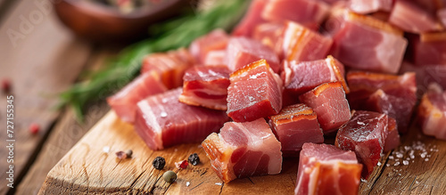 cubes of bacon on a rustic wooden board photo