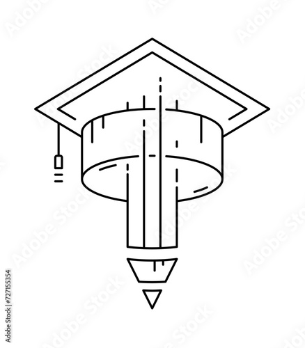 school cap and pencil on white background. pen and graduation cap concept. contour school cap and pencil