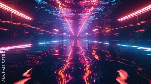 Transparent neon lights glow on retro futuristic water reflection at night.