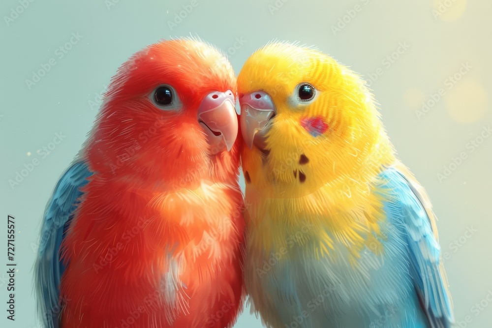 Lovebird parrots sitting together on a tree branch,Lovebird Kiss,Image with Grain.