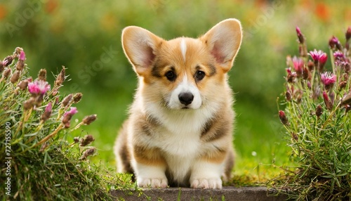 cute welsh corgi puppy sitting outdoor in summer